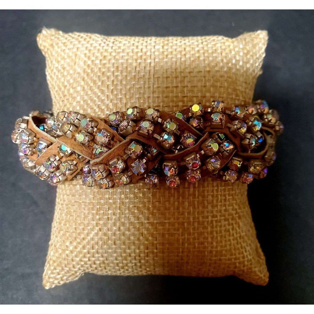 Artisan Tan Suede & Rhinestone Braided Twist Bracelet w/ Pewter Magnetic Catch